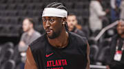 Mar 14, 2025; Atlanta, Georgia, USA; Atlanta Hawks guard Caris LeVert (3) warms up on the court prior to the game against the LA Clippers at State Farm Arena. Mandatory Credit: Dale Zanine-Imagn Images
