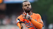 Jul 12, 2025; Baltimore, Maryland, USA; Baltimore Orioles outfielder Cedric Mullins (31) looks on during the seventh inning against the Miami Marlins at Oriole Park at Camden Yards. Mandatory Credit: Daniel Kucin Jr.-Imagn Images