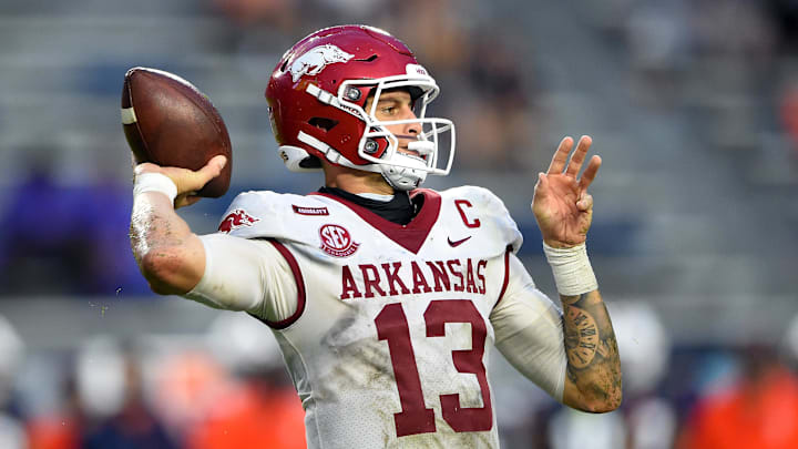 Oct 10, 2020; Auburn, Alabama, USA; Arkansas Razorbacks quarterback Feleipe Franks (13) drops back to pass against the Auburn Tigers during the fourth quarter at Jordan-Hare Stadium. Mandatory Credit: John David Mercer-Imagn Images