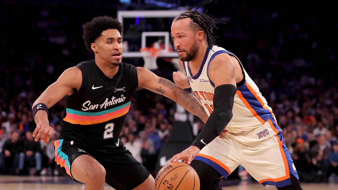 Knicks guard Jalen Brunson drives to the basket against Spurs guard Dylan Harper in their regular-season meeting in March. The teams tip off the NBA Finals on Wednesday.