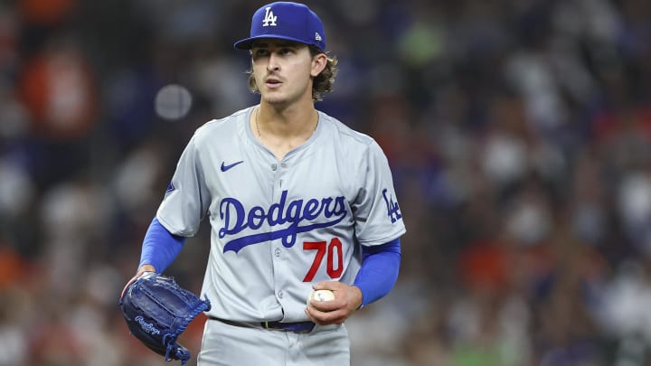 Jul 27, 2024; Houston, Texas, USA; Los Angeles Dodgers starting pitcher Justin Wrobleski (70) reacts after a pitch during the sixth inning against the Houston Astros at Minute Maid Park. Mandatory Credit: Troy Taormina-USA TODAY Sports