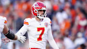 Nov 16, 2025; Denver, Colorado, USA; Kansas City Chiefs kicker Harrison Butker (7) celebrates his field goal in the second quarter against the Denver Broncos at Empower Field at Mile High. Mandatory Credit: Ron Chenoy-Imagn Images