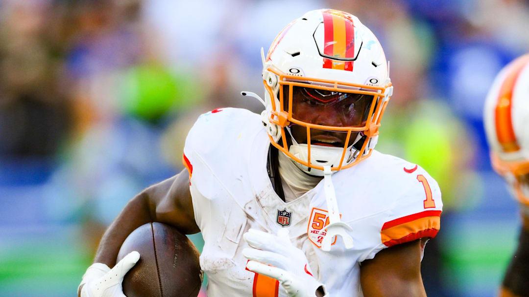 Oct 5, 2025; Seattle, Washington, USA;  Tampa Bay Buccaneers running back Rachaad White (1) Mandatory Credit: Steven Bisig-Imagn Images