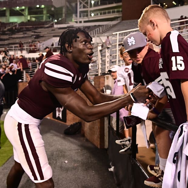 Mississippi State Bulldogs cornerback Kelley Jones reacts with fans after the game against the Eastern Kentucky Colonels.