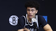 Sep 23, 2025; Brooklyn, NY, USA;  Brooklyn Nets guard Nolan Traore (88) speaks at Media Day. Mandatory Credit: Wendell Cruz-Imagn Images