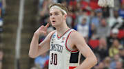 Mar 21, 2025; Raleigh, NC, USA;  Connecticut Huskies forward Liam McNeeley (30) reacts during the first half against the Oklahoma Sooners at Lenovo Center.
