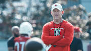 Louisville Cardinals head football coach Jeff Brohm at a morning practice Wednesday. July 30, 2025. The Cardinals' 2024 record: 9–4, 5–3 in the ACC.