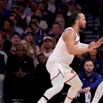 May 16, 2025; New York, New York, USA; Boston Celtics guard Jaylen Brown (7) controls the ball against New York Knicks guard Jalen Brunson (11) during the first quarter of game six in the second round of the 2025 NBA Playoffs at Madison Square Garden. Mandatory Credit: Brad Penner-Imagn Images