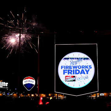 Sep 6, 2024; Kansas City, Missouri, USA; A general view of fireworks set off after the game between the Kansas City Royals and Minnesota Twins at Kauffman Stadium. Mandatory Credit: Denny Medley-Imagn Images