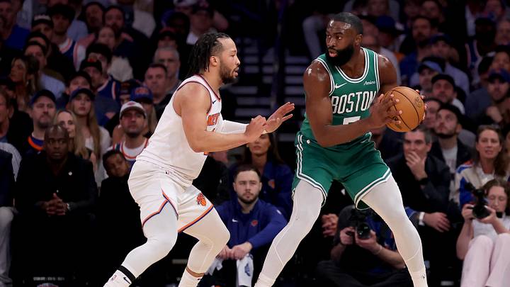 May 16, 2025; New York, New York, USA; Boston Celtics guard Jaylen Brown (7) controls the ball against New York Knicks guard Jalen Brunson (11) during the first quarter of game six in the second round of the 2025 NBA Playoffs at Madison Square Garden. Mandatory Credit: Brad Penner-Imagn Images