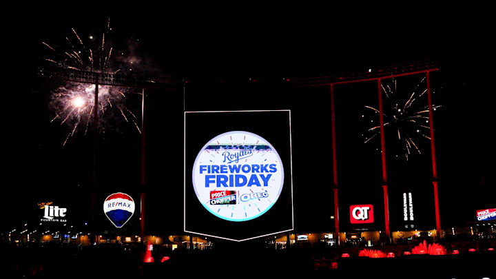 Sep 6, 2024; Kansas City, Missouri, USA; A general view of fireworks set off after the game between the Kansas City Royals and Minnesota Twins at Kauffman Stadium. Mandatory Credit: Denny Medley-Imagn Images