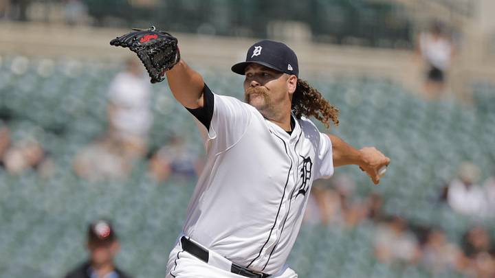 Jul 28, 2024; Detroit, Michigan, USA; Detroit Tigers relief pitcher Andrew Chafin (17) pitches in the ninth inning against the Minnesota Twins at Comerica Park. Mandatory Credit: Rick Osentoski-Imagn Images