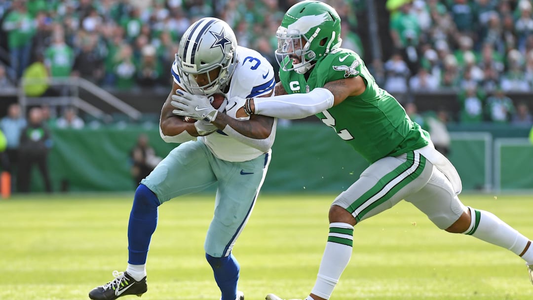Dec 29, 2024; Philadelphia, Pennsylvania, USA; Dallas Cowboys wide receiver Brandin Cooks (3) is tackled by Philadelphia Eagles cornerback Darius Slay Jr. (2) at Lincoln Financial Field. Mandatory Credit: Eric Hartline-Imagn Images