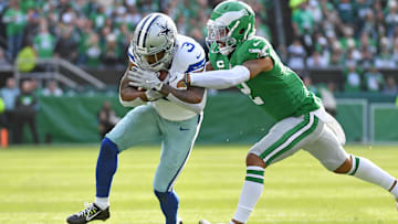Dec 29, 2024; Philadelphia, Pennsylvania, USA; Dallas Cowboys wide receiver Brandin Cooks (3) is tackled by Philadelphia Eagles cornerback Darius Slay Jr. (2) at Lincoln Financial Field. Mandatory Credit: Eric Hartline-Imagn Images