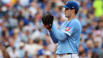 Jun 28, 2023; Kansas City, Missouri, USA; Kansas City Royals pitcher Cole Ragans (55) looks for the sign during the second inning against the Cleveland Guardians at Kauffman Stadium. Mandatory Credit: William Purnell-USA TODAY Sports