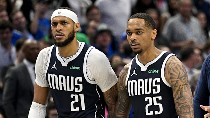Apr 26, 2024; Dallas, Texas, USA; Dallas Mavericks forward P.J. Washington (25) and center Daniel Gafford (21) come off the court during the fourth quarter against the LA Clippers during game three of the first round for the 2024 NBA playoffs at the American Airlines Center. Mandatory Credit: Jerome Miron-Imagn Images Apr 26, 2024; Dallas, Texas, USA; Dallas Mavericks forward P.J. Washington (25) and center Daniel Gafford (21) come off the court during the fourth quarter against the LA Clippers during game three of the first round for the 2024 NBA playoffs at the American Airlines Center. Mandatory Credit: Jerome Miron-Imagn Images