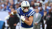 Oct 12, 2025; Indianapolis, Indiana, USA; Indianapolis Colts wide receiver Alec Pierce (14) carries the ball against the Arizona Cardinals 