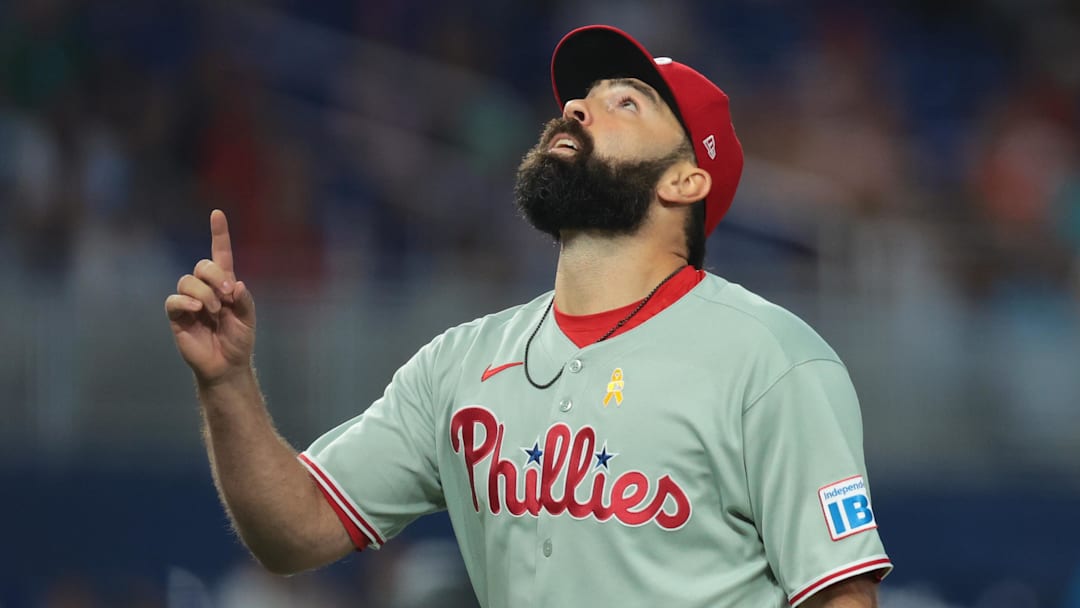 Sep 7, 2025; Miami, Florida, USA; Philadelphia Phillies relief pitcher Lou Trivino (57) reacts against the Miami Marlins during the eighth inning at loanDepot Park. Mandatory Credit: Sam Navarro-Imagn Images