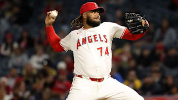 Apr 24, 2025; Anaheim, California, USA;  Los Angeles Angels relief pitcher Kenley Jansen (74) pitches during the ninth inning against the Pittsburgh Pirates at Angel Stadium.