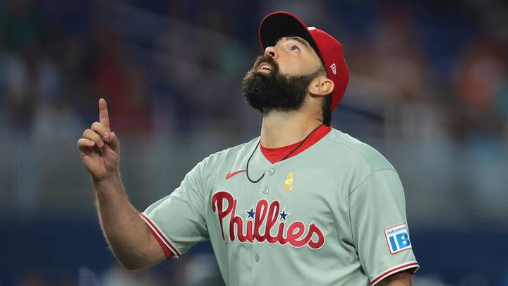 Sep 7, 2025; Miami, Florida, USA; Philadelphia Phillies relief pitcher Lou Trivino (57) reacts against the Miami Marlins during the eighth inning at loanDepot Park.