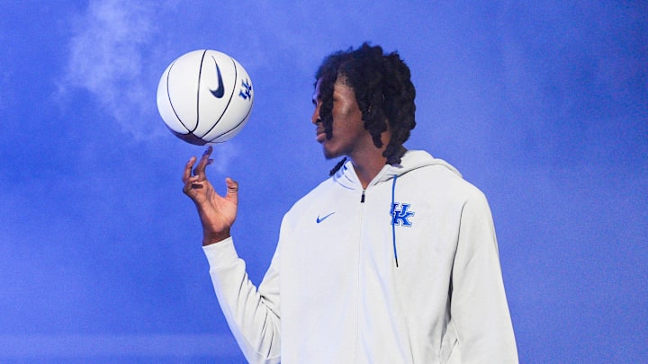 Kentucky Wildcats forward Jayden Quaintance spins a basketball while being introduced at the 2025 Big Blue Madness at Rupp Arena in Lexington, Kentucky Saturday, Oct. 11, 2025. Kentucky Wildcats forward Jayden Quaintance spins a basketball while being introduced at the 2025 Big Blue Madness at Rupp Arena in Lexington, Kentucky Saturday, Oct. 11, 2025.