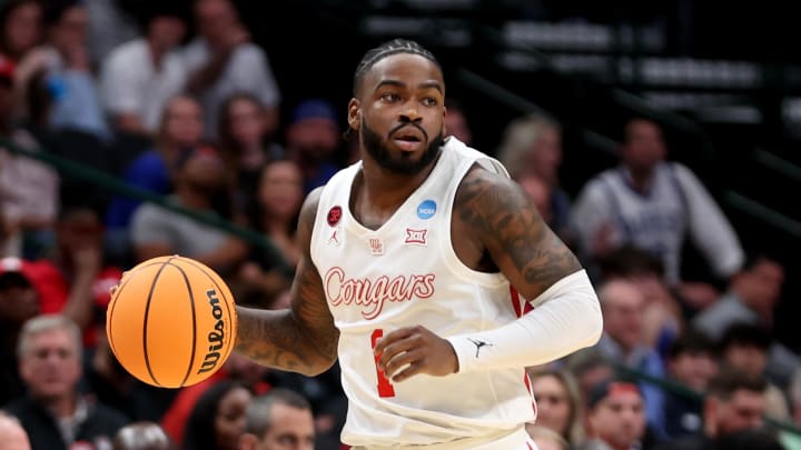 Mar 29, 2024; Dallas, TX, USA; Houston Cougars guard Jamal Shead (1) dribbles during the first half in the semifinals of the South Regional of the 2024 NCAA Tournament against the Duke Blue Devils at American Airlines Center. Mandatory Credit: Tim Heitman-USA TODAY Sports 