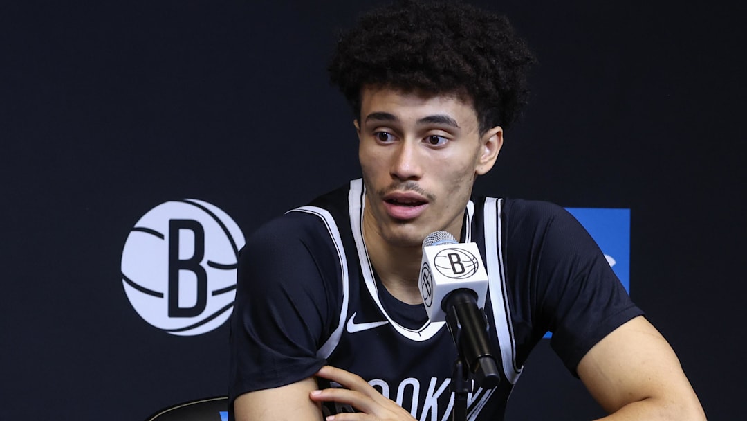 Sep 23, 2025; Brooklyn, NY, USA;  Brooklyn Nets guard Nolan Traore (88) speaks at Media Day. Mandatory Credit: Wendell Cruz-Imagn Images