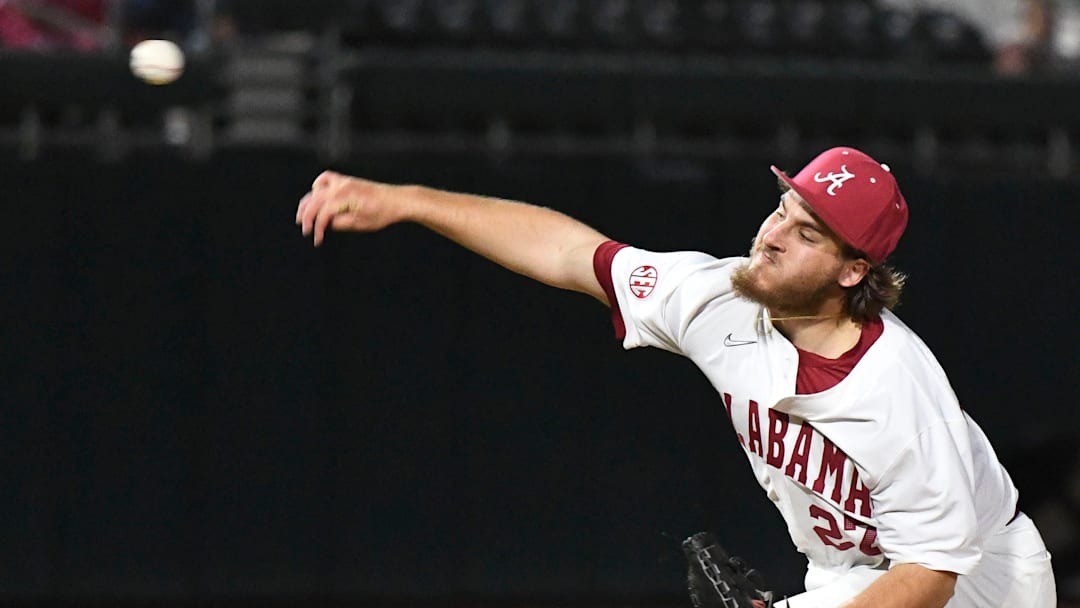 Mar 15, 2024; Tuscaloosa, Alabama, USA; Alabama starting pitcher Ben Hess makes a pitch against Tennessee at Sewell-Thomas Stadium in the first game of the SEC season for both teams. Mar 15, 2024; Tuscaloosa, Alabama, USA; Alabama starting pitcher Ben Hess makes a pitch against Tennessee at Sewell-Thomas Stadium in the first game of the SEC season for both teams.