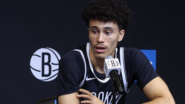 Brooklyn Nets guard Nolan Traore (88) speaks at Media Day. Mandatory Credit: Wendell Cruz-Imagn Images