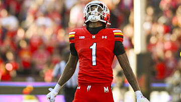 Maryland Terrapins WR Kaden Prather reacts after making a first-half reception against USC.