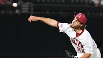Mar 15, 2024; Tuscaloosa, Alabama, USA; Alabama starting pitcher Ben Hess makes a pitch against Tennessee at Sewell-Thomas Stadium in the first game of the SEC season for both teams.