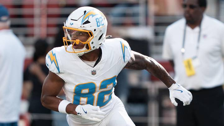 August 23, 2025; Santa Clara, California, USA; Los Angeles Chargers wide receiver Brenden Rice (82) warms up before the game against the San Francisco 49ers at Levi's Stadium. Mandatory Credit: Kyle Terada-Imagn Images