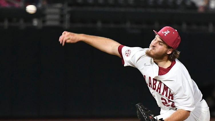 Mar 15, 2024; Tuscaloosa, Alabama, USA; Alabama starting pitcher Ben Hess makes a pitch against Tennessee at Sewell-Thomas Stadium in the first game of the SEC season for both teams.