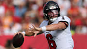 Buccaneers quarterback Baker Mayfield threw for 256 yards and two touchdowns in Tampa Bay's win over San Francisco on Sunday.