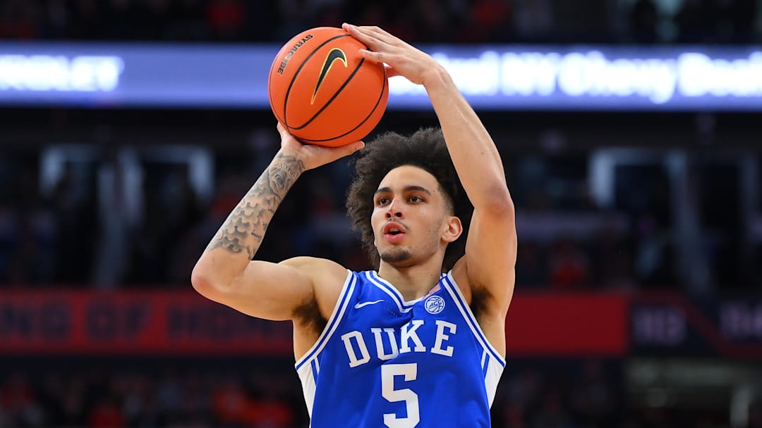 Feb 5, 2025; Syracuse, New York, USA; Duke Blue Devils guard Tyrese Proctor (5) shoots against the Syracuse Orange during the first half at the JMA Wireless Dome.