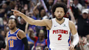 Apr 24, 2025; Detroit, Michigan, USA; Detroit Pistons guard Cade Cunningham (2) celebrates in the first half against the New York Knicks during game three of first round for the 2024 NBA Playoffs at Little Caesars Arena. Mandatory Credit: Rick Osentoski-Imagn Images