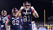 Nov 19, 2023; Hamilton, Ontario, CAN;  Montreal Alouettes wide receiver Austin Mack (81) reacts after scoring a touchdown against the Winnipeg Blue Bombers during the fourth quarter of the 110th Grey Cup at Tim Hortons Field. Mandatory Credit: John E. Sokolowski-Imagn Images