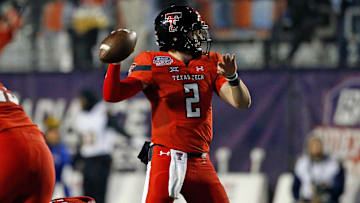 Dec 16, 2023; Shreveport, LA, USA; Texas Tech Red Raiders quarterback Behren Morton (2) passes the ball during the second half against the California Golden Bears at Independence Stadium. Mandatory Credit: Petre Thomas-USA TODAY Sports