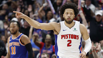 Apr 24, 2025; Detroit, Michigan, USA; Detroit Pistons guard Cade Cunningham (2) celebrates in the first half against the New York Knicks during game three of first round for the 2024 NBA Playoffs at Little Caesars Arena. Mandatory Credit: Rick Osentoski-Imagn Images