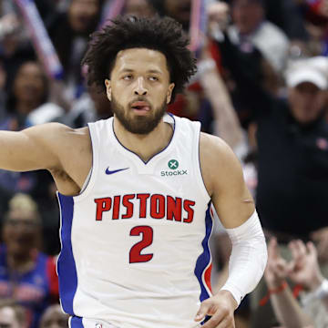 Apr 24, 2025; Detroit, Michigan, USA; Detroit Pistons guard Cade Cunningham (2) celebrates in the first half against the New York Knicks during game three of first round for the 2024 NBA Playoffs at Little Caesars Arena. Mandatory Credit: Rick Osentoski-Imagn Images