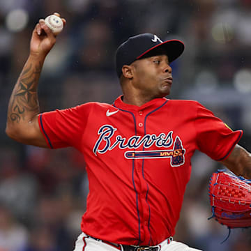 Sep 13, 2024; Atlanta, Georgia, USA; Atlanta Braves relief pitcher Raisel Iglesias only needed one more out. But it never came. Mandatory Credit: Brett Davis-Imagn Images