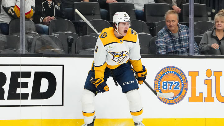 Feb 20, 2024; Las Vegas, Nevada, USA; Nashville Predators center Cody Glass (8) celebrates after scoring a goal against the Vegas Golden Knights during the first period at T-Mobile Arena. Mandatory Credit: Stephen R. Sylvanie-USA TODAY Sports