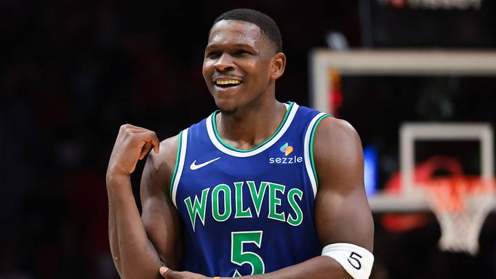 Oct 21, 2026; Miami, Florida, USA; Minnesota Timberwolves guard Anthony Edwards (5) reacts against the Miami Heat during the third quarter at Kaseya Center. Mandatory Credit: Sam Navarro-Imagn Images