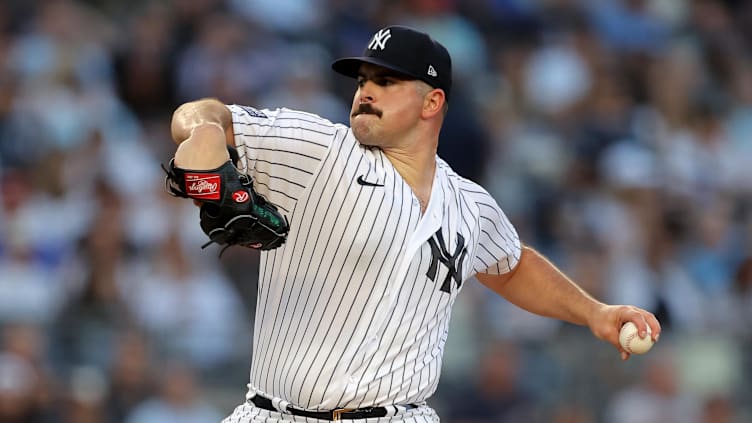 Aug 1, 2023; Bronx, New York, USA; New York Yankees starting pitcher Carlos Rodon (55) pitches