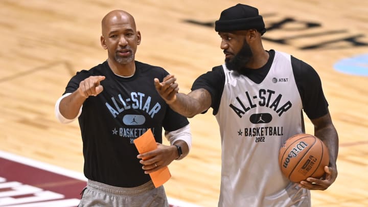Feb 19, 2022; Cleveland, OH, USA; Team LeBron head coach Monty Williams, left, talks with Los Angeles Lakers forward LeBron James during the NBA All-Star practice at Wolstein Center. Mandatory Credit: David Richard-USA TODAY Sports