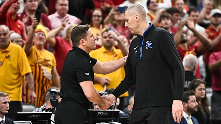 Mar 22, 2026; St. Louis, MO, USA; Kentucky Wildcats head coach Mark Pope and Iowa State Cyclones head coach T.J. Otzelberger shake hands after the game during a second round game of the men's 2026 NCAA Tournament at Enterprise Center. Mandatory Credit: Jeff Le-Imagn Images