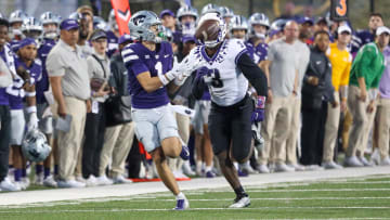 Oct 21, 2023; Manhattan, Kansas, USA; Kansas State Wildcats wide receiver Jayce Brown (1) makes a catch near the sideline against the TCU Horned Frogs.