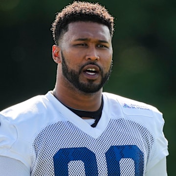 Indianapolis Colts defensive tackle DeForest Buckner (99) talks with Indianapolis Colts wide receiver Michael Pittman Jr. (11) on Saturday, July 27, 2024, during the Indianapolis Colts’ training camp at Grand Park Sports Complex in Westfield.