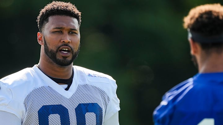 Indianapolis Colts defensive tackle DeForest Buckner (99) talks with Indianapolis Colts wide receiver Michael Pittman Jr. (11) on Saturday, July 27, 2024, during the Indianapolis Colts’ training camp at Grand Park Sports Complex in Westfield.