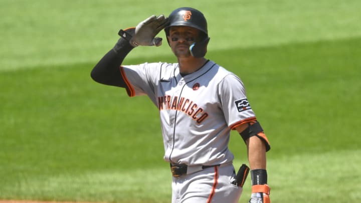 Jul 7, 2024; Cleveland, Ohio, USA; San Francisco Giants shortstop Nick Ahmed (16) celebrates his double in the third inning against the Cleveland Guardians at Progressive Field. 